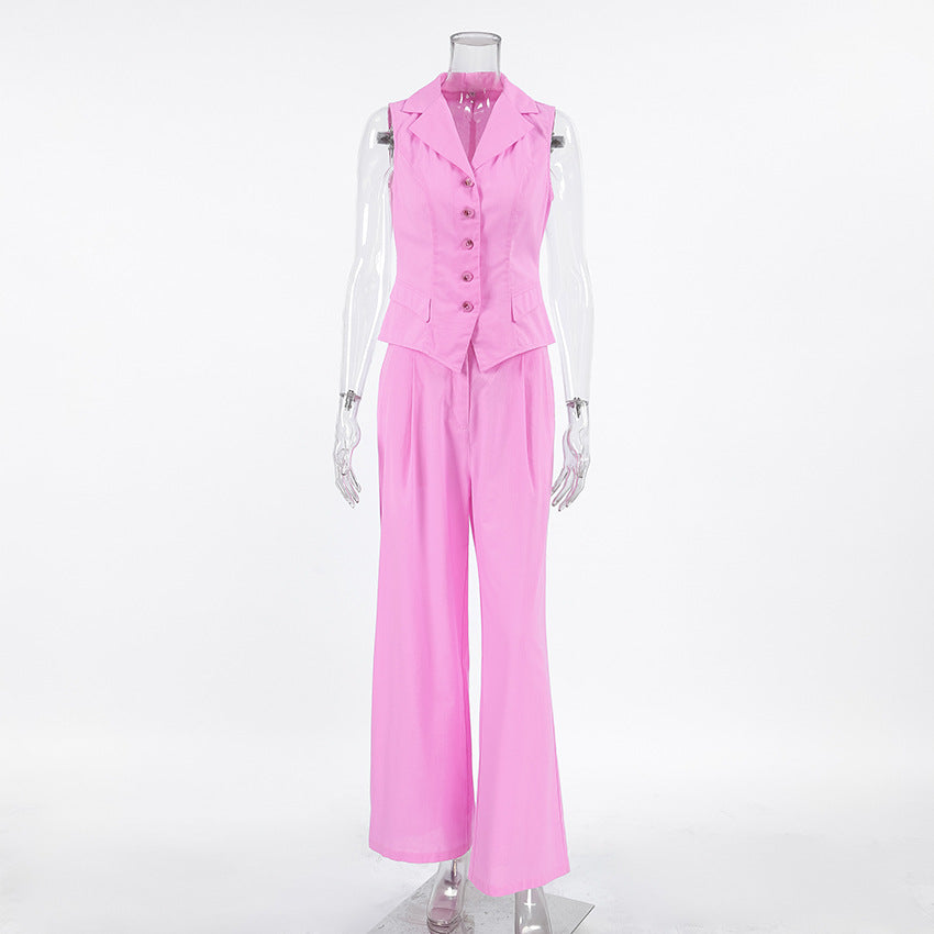 2025 spring and summer sleeveless slim-fitting vest trousers fashion casual temperament suit cotton and linen pink commuter women's clothing