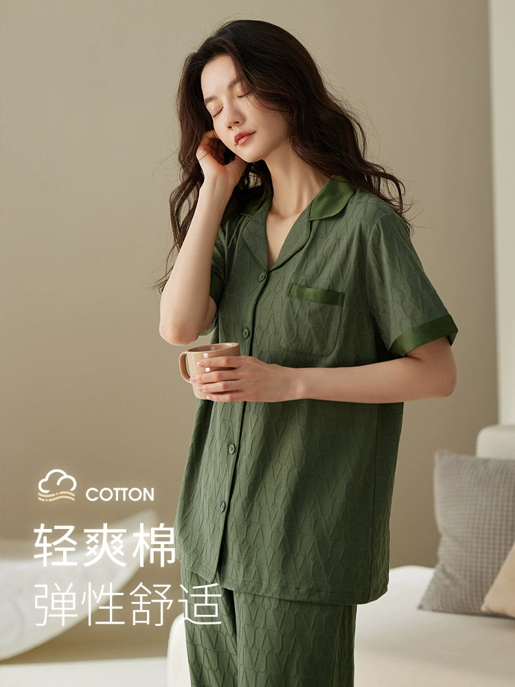 pajamas women's summer cotton short-sleeved trousers can be worn outside textured high-end large-size loungewear