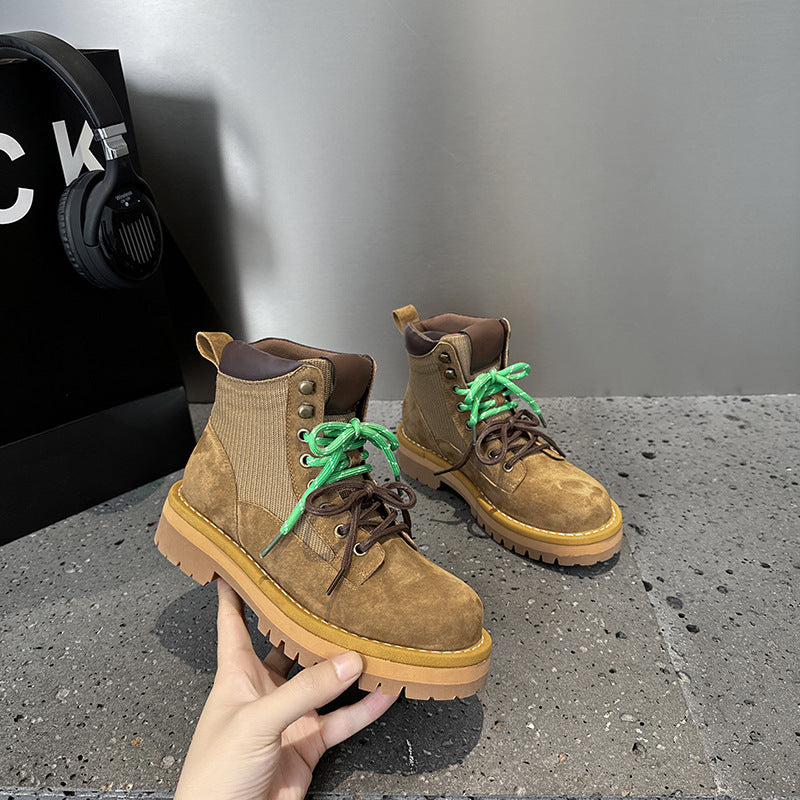 2025 popular autumn and winter new thick-soled Martin boots versatile round-headed British short boots leather splicing cloth thick-soled women