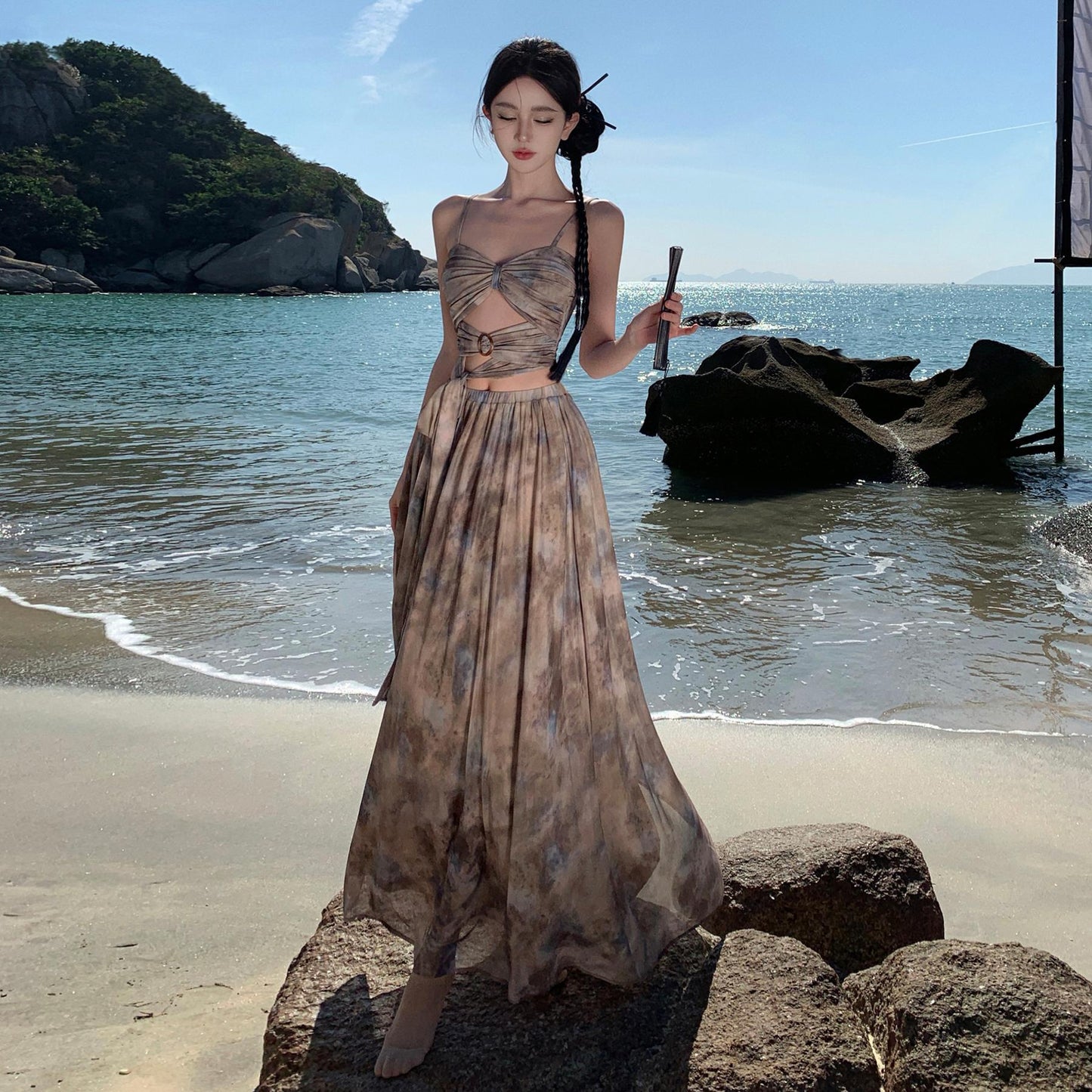 2025 New Chinese ink smudge skirt set women's summer design sense suspender tube top skirt long dress two-piece dress