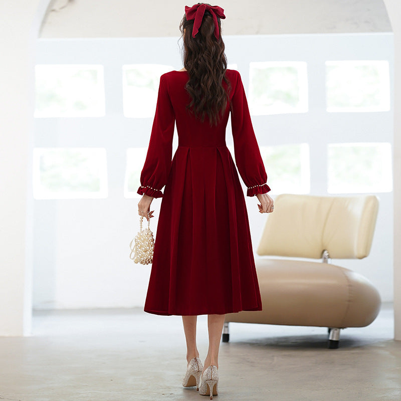2025 Large size toast spring and summer long-sleeved burgundy waist thin engagement wedding dress thank you banquet evening dress