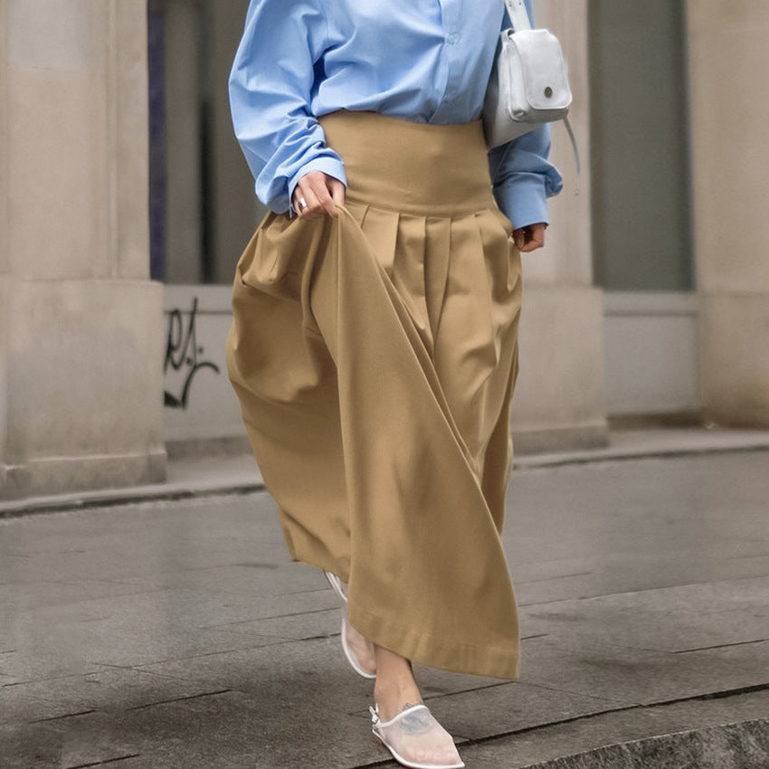 2025 Spring and summer classic retro fashion khaki casual high waist pleated commuting sexy skirt wholesale long skirt