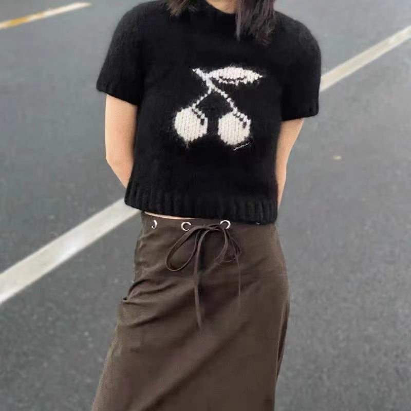 2025 24 years old early spring new mohair cherry jacquard pullover short-sleeved knitted sweater slim and thin short sweater women