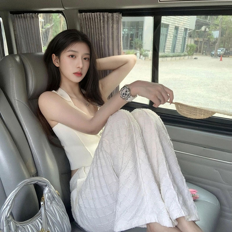 summer new design sense Sugar jeans women's white high-waisted casual wide-leg trousers L4084
