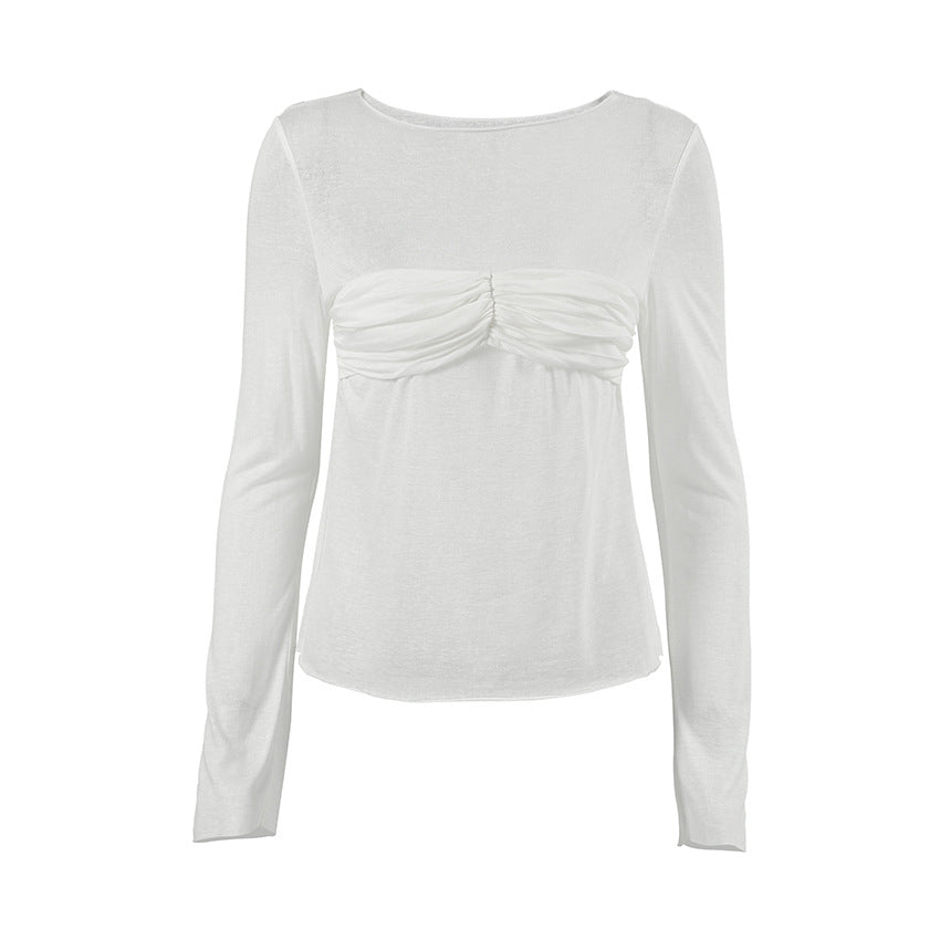2025 Autumn and winter casual temperament sense slightly transparent sexy slim-fitting knitted round neck long-sleeved commuting T-shirt versatile top white