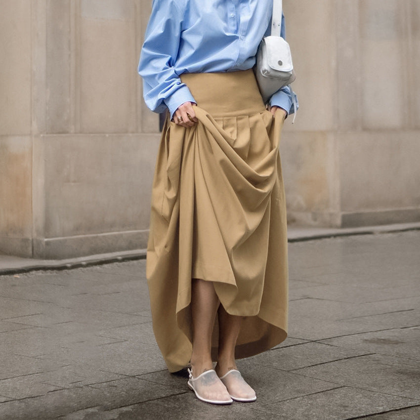 2025 Spring and summer classic retro fashion khaki casual high waist pleated commuting sexy skirt wholesale long skirt