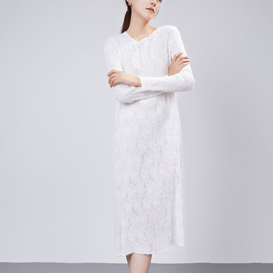 White dress autumn women's high-end fringed pleated medium and long bottom skirt chic design knitted skirt
