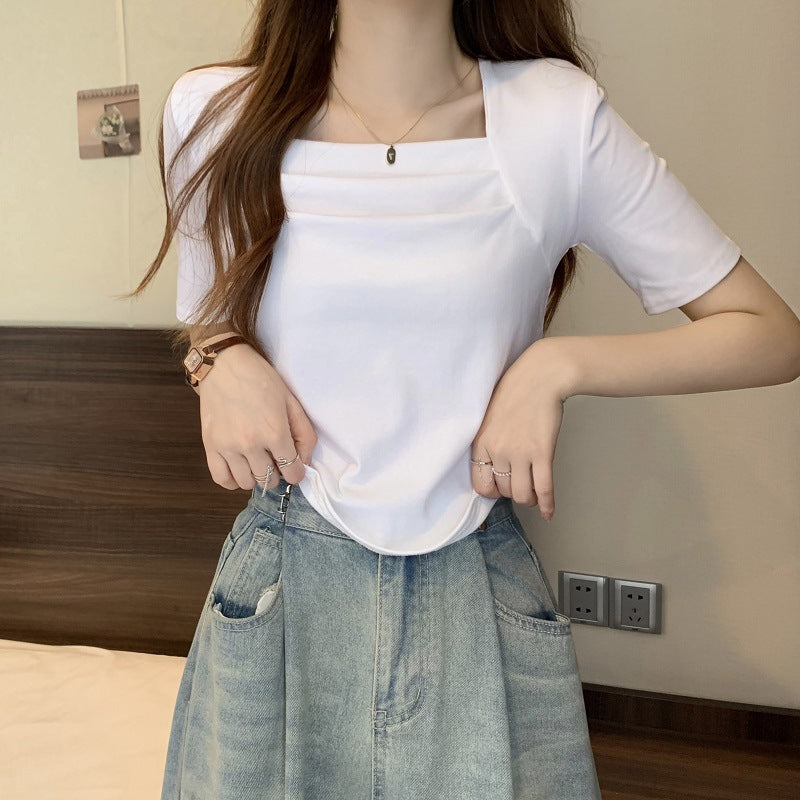Spring women's 2025 new pink unique chic square neck short-sleeved shirt irregular pleated short top tide