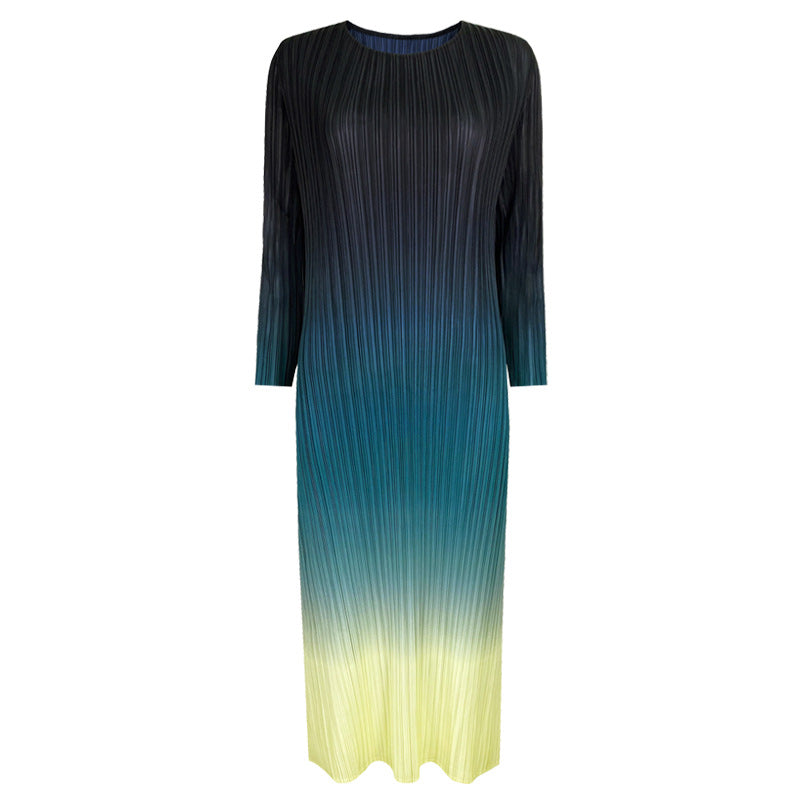 2025 spring temperament inner base gradual change pleated dress mid waist thin versatile Korean version long sleeve skirt women