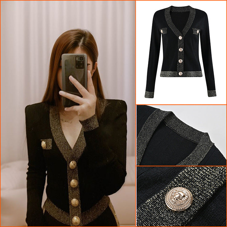 Small Fashion Suit Pants Autumn and Winter New Black Knitted Sweater High Waist Skinny Wide Leg Pants Two-piece Set KZ018