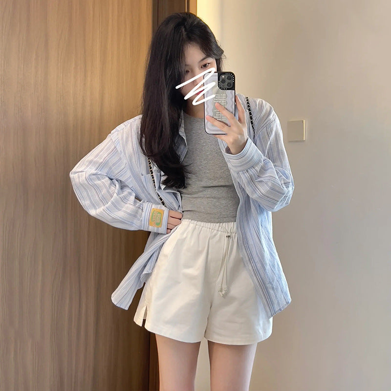 temperament striped sunscreen shirt women's summer shirt 2025 new early autumn long-sleeved top shirt jacket