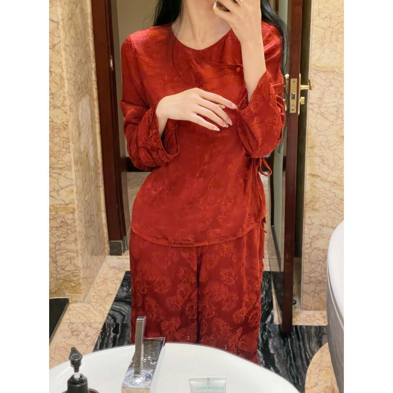 2025 Pajamas women's spring and autumn skin-friendly long-sleeved new Chinese style temperament retro can be worn outside loungewear suit dark flower morning robe
