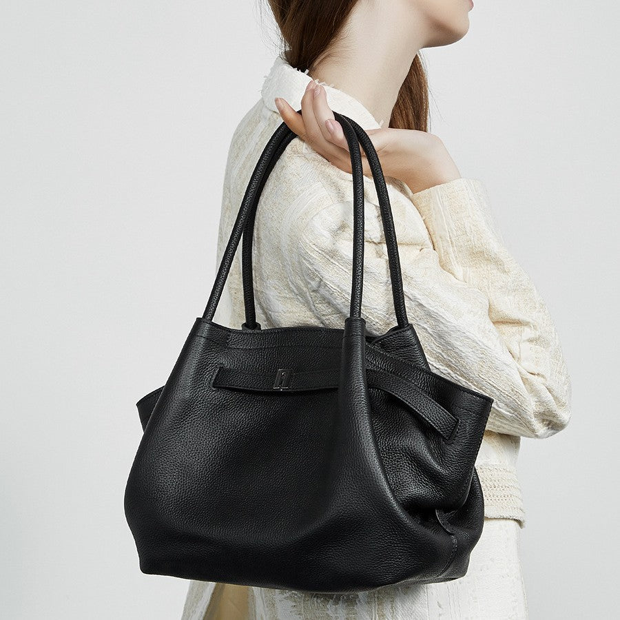 Versatile temperament handbag first layer cowhide simple portable underarm bag pleated vegetable basket bag