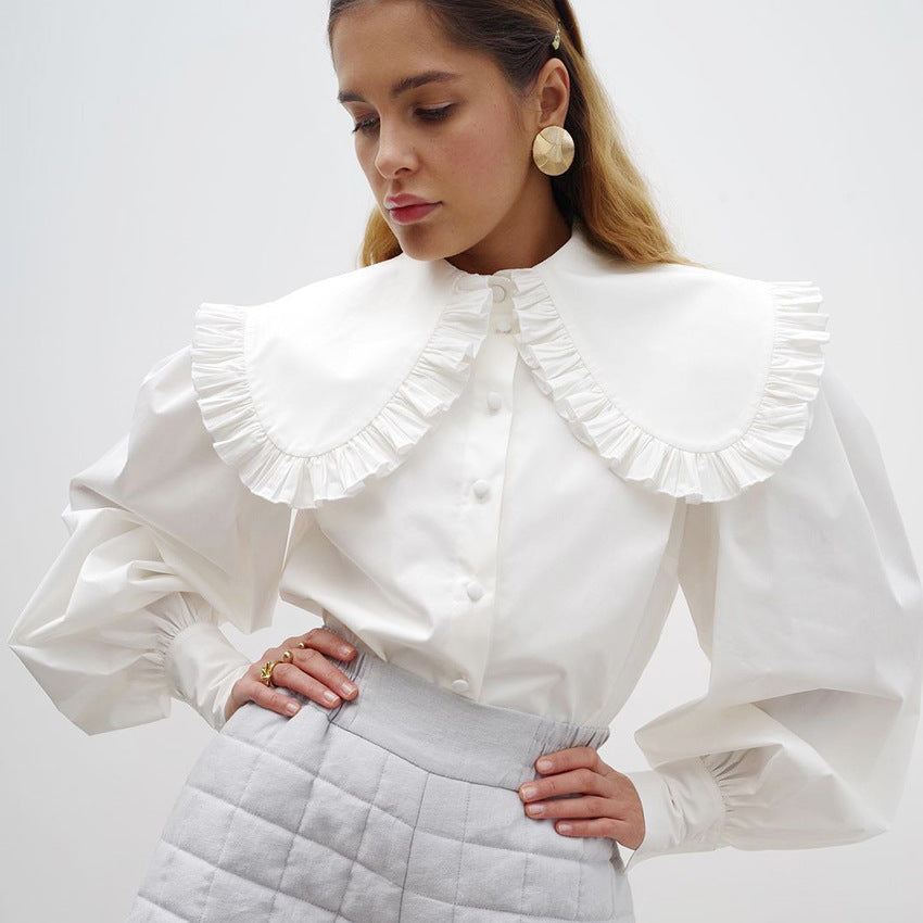 2025 popular temperament court style doll collar white cotton shirt women's autumn and winter fungus edge long-sleeved shirt