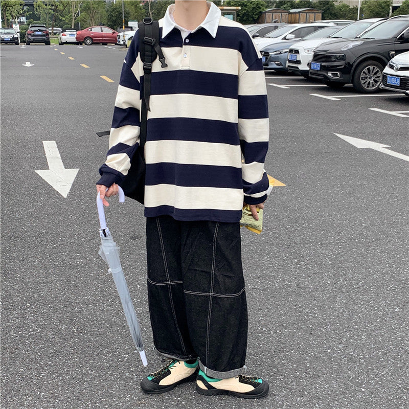 sanyamk rugby shirt outfit Spring and Autumn New Versatile Casual Hong Kong Style Striped Loose Sweater Korean Style Trendy Lapel Polo Shirt Bottoming Shirt