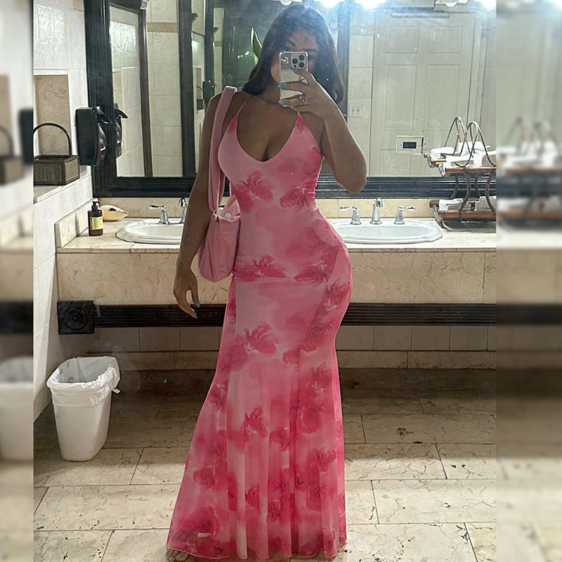 2025 R24DS001 2025 women's clothing New summer new casual printing halter suspender slim fishtail long dress