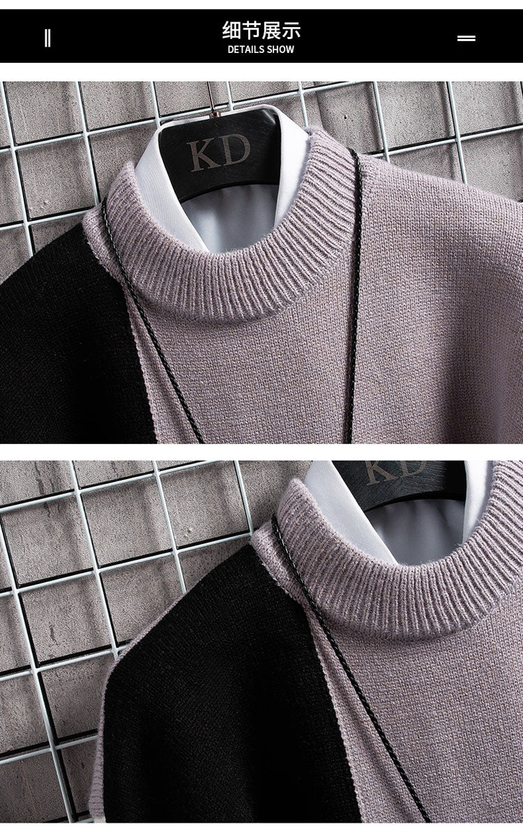 Bonsir autumn and winter new sweater warm fashion stitching color matching pullover round neck sweater thickened knitted sweater