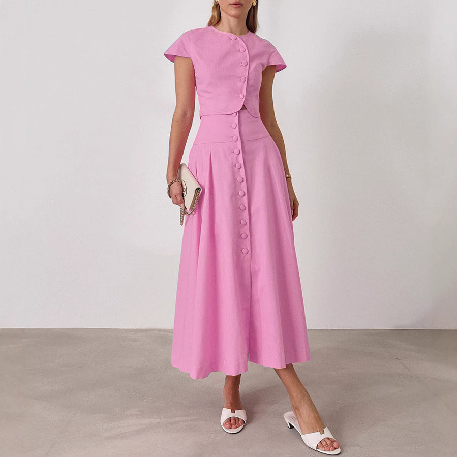 2025 spring and summer new pink pure cotton high-waisted V-neck skirt set fashionable New wholesale women's clothing two-piece set
