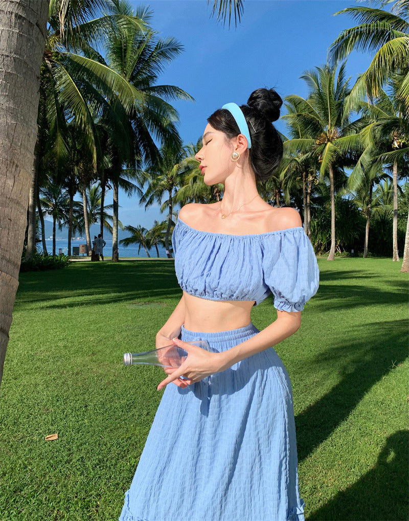 2025 One-word shoulder texture pleated bubble sleeves short tube top summer high waist skirt beach two-piece set