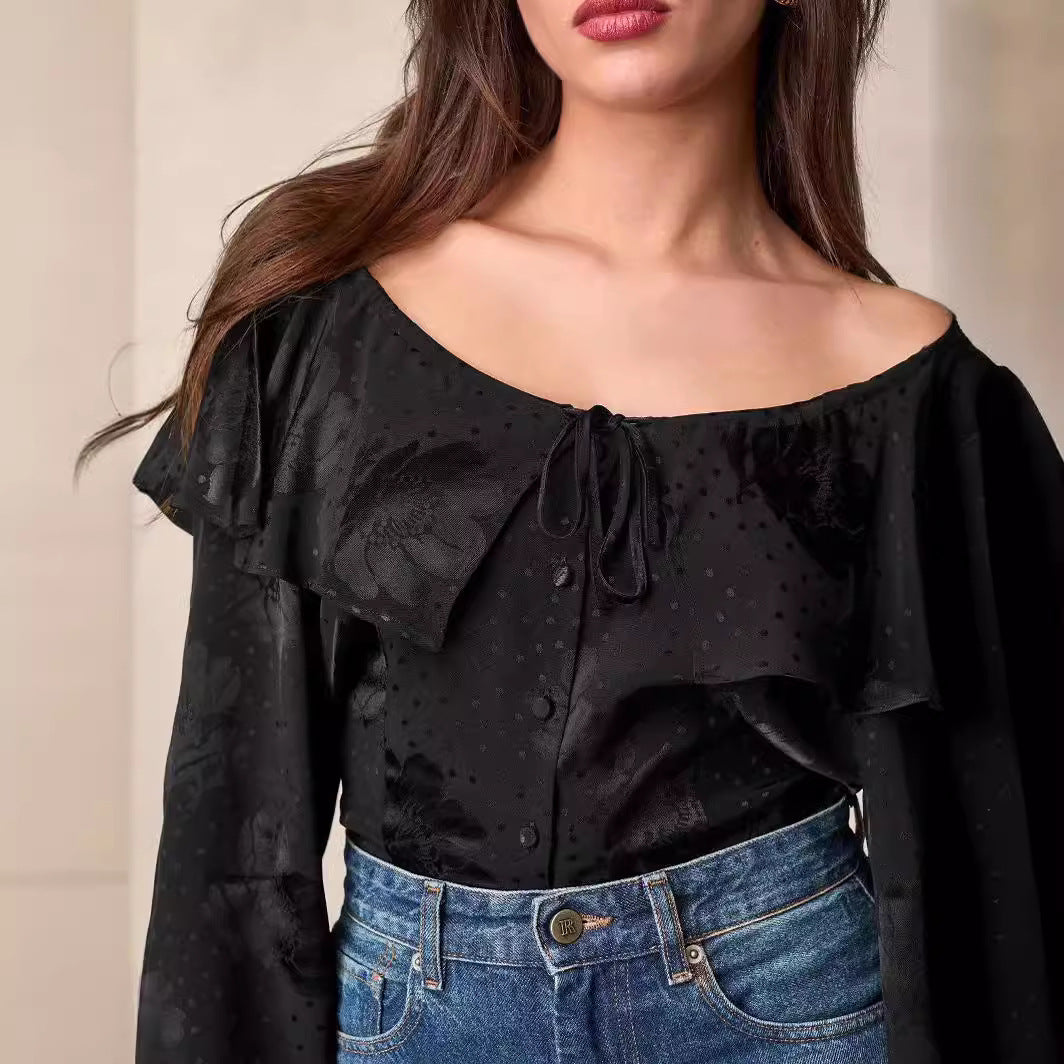 2025 Spring and summer 24 new silk dark pattern jacquard bubble sleeve shirt ruffle edge lapel top design sense