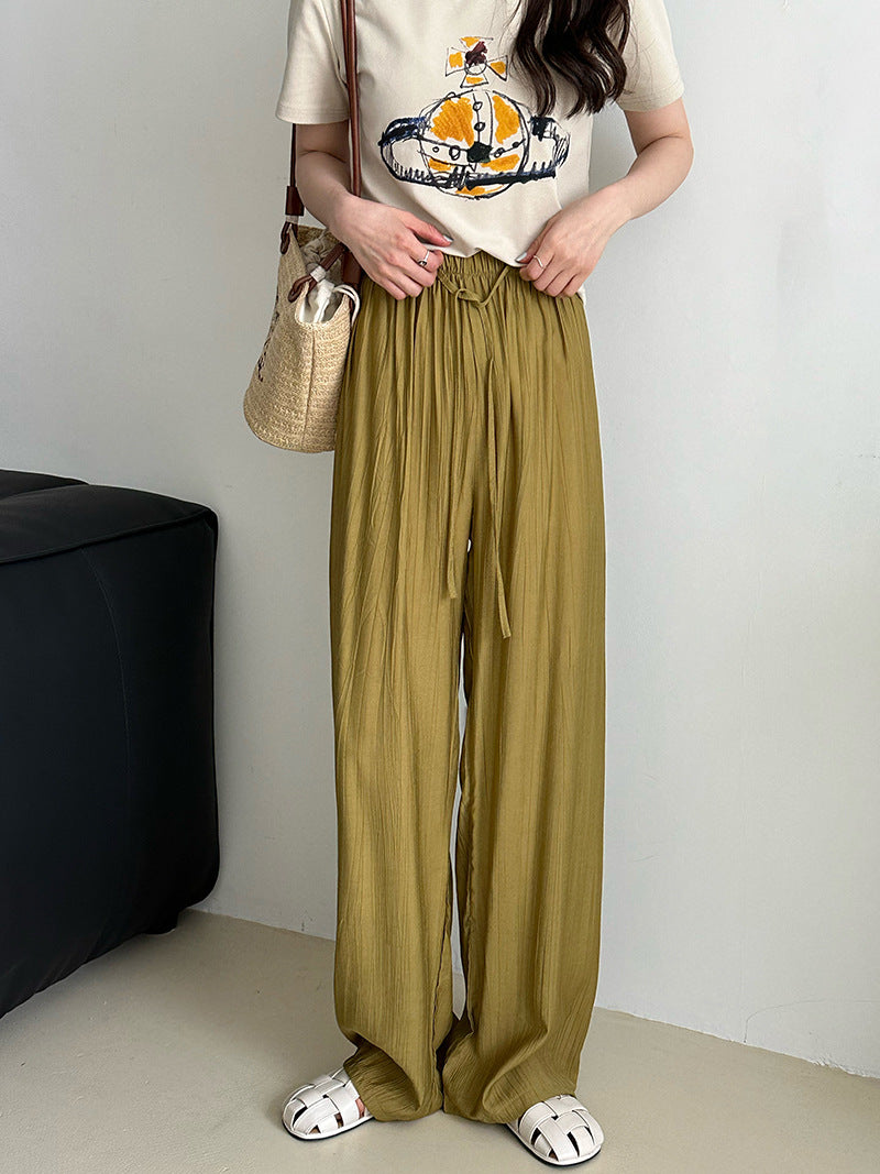 2025 popular spring Korean casual pants elastic waist thin straight drape wide legs mopping loose trousers 7392