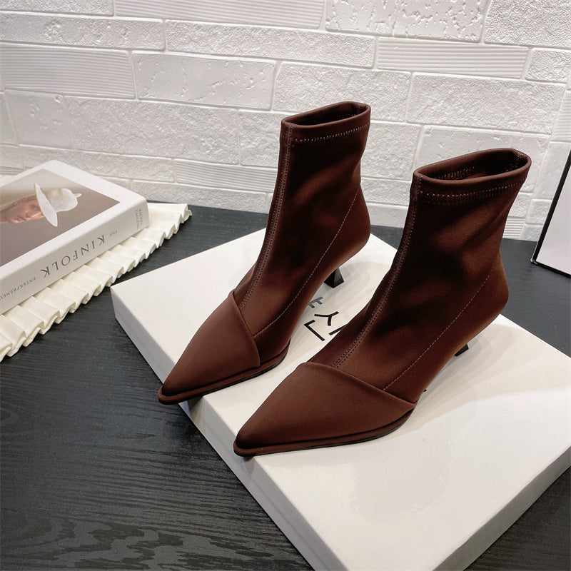 2025 Trendy brand 2025 style satin sleeve pointed short boots women's popular autumn and winter new thin heel elastic boots short thin boots