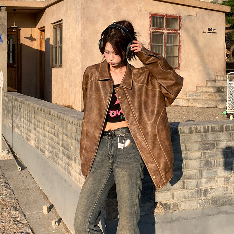 sanyamk Autumn New American Retro Fashion PU Leather Coat for Boys Washed Old Motorcycle Leather Jacket