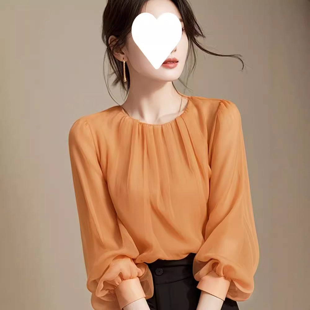 2025 spring clothes new this year popular chiffon beautiful seven-quarter sleeve orange small top women's summer temperament shirt