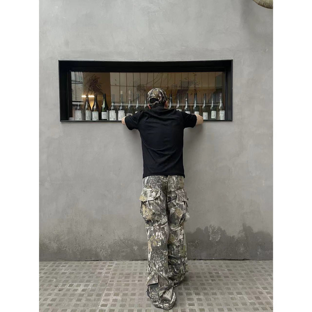 sanyamk frat boy outfit American Branch Pattern Vintage Washed Old White Camouflage Wide Leg Casual Pants Four Seasons Loose Overalls