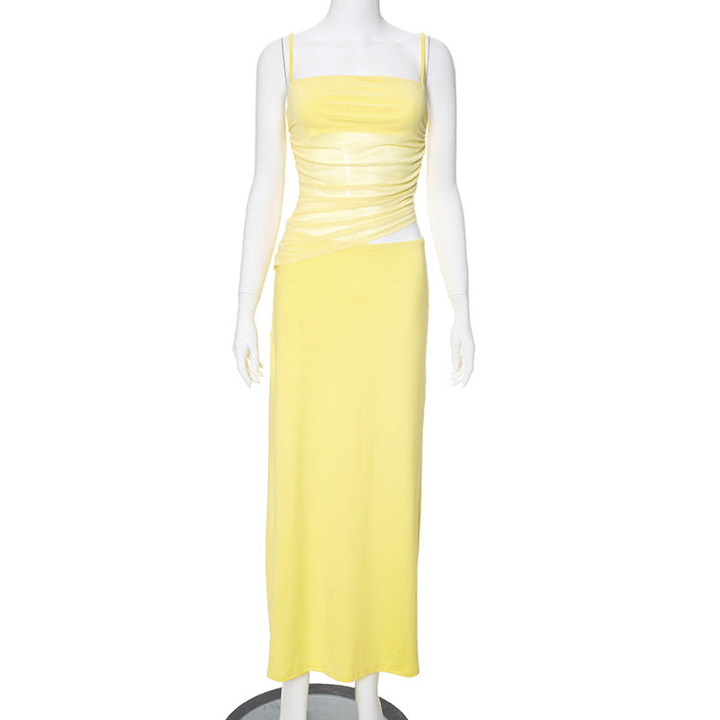 2025 R24ST032 2025 women's clothing summer new solid color casual sleeveless pleated suspender top slim dress set
