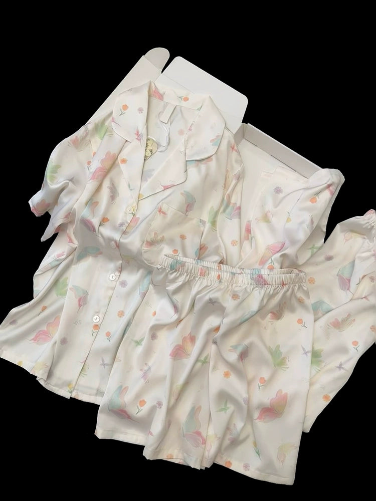 summer ice silk pajamas women's short-sleeved three-piece set sweet butterfly summer light and cool loungewear