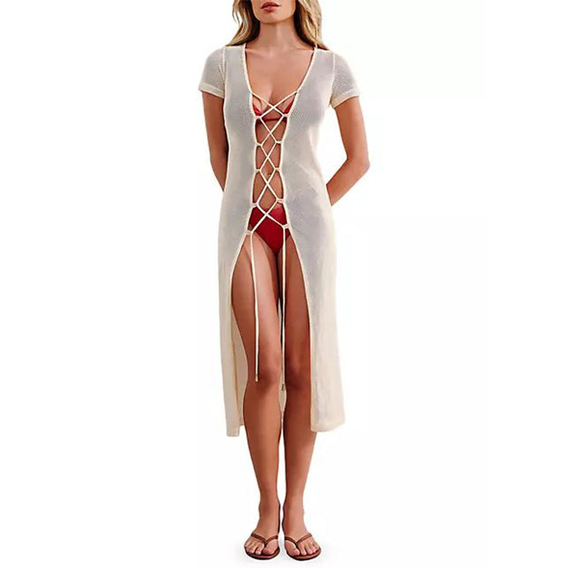 2025 Popular, popular summer new beach skirt women solid color sexy hollow beach bikini swimsuit blouse sunscreen clothing