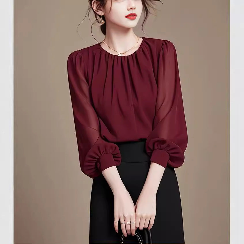 2025 spring clothes new this year popular chiffon beautiful seven-quarter sleeve orange small top women's summer temperament shirt