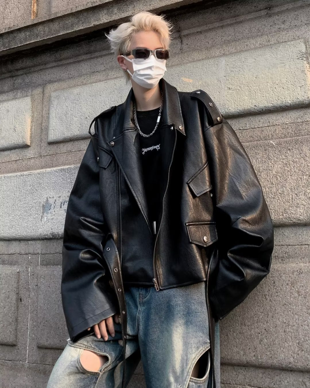 sanyamk masculine men Shoulder Pad Motorcycle Clothing Leather Coat Autumn High-Grade Short Men's Coat American Fashion Loose PU Leather Jacket