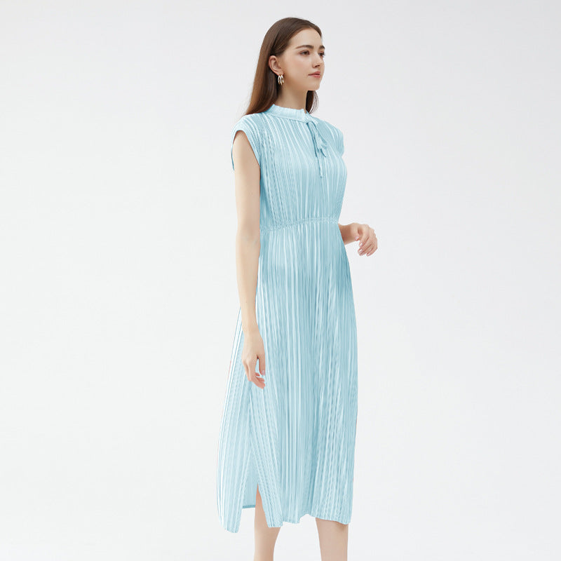 Stand-up collar dress 2025 spring new original design solid color splicing long loose and comfortable wrought silk high waist skirt