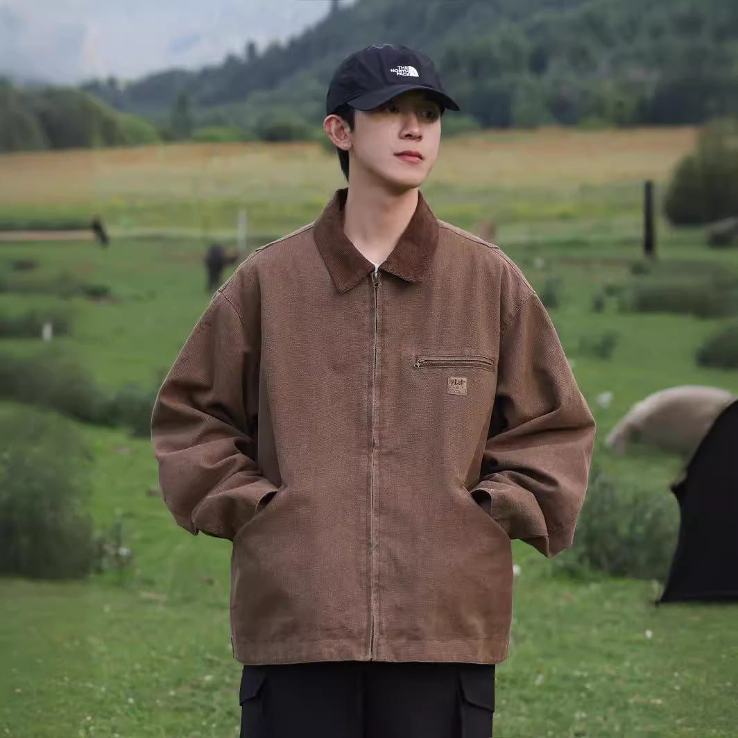 sanyamk starboy outfit Vintage Short Japanese Retro Brown Loose Lapel Workwear Jacket Street Fashion Men's Casual Jacket