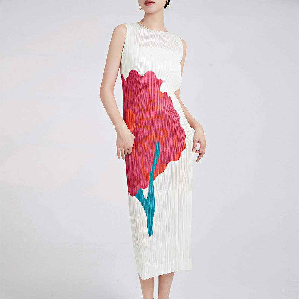 Japanese dress women's summer new counter temperament round neck sleeveless printing high-end pleated long skirt
