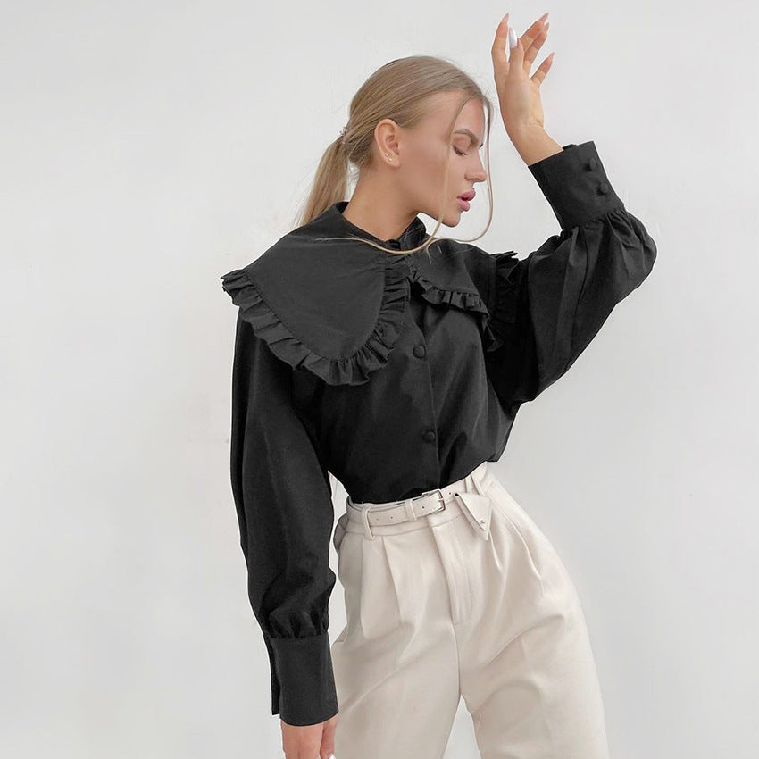 2025 popular temperament court style doll collar white cotton shirt women's autumn and winter fungus edge long-sleeved shirt