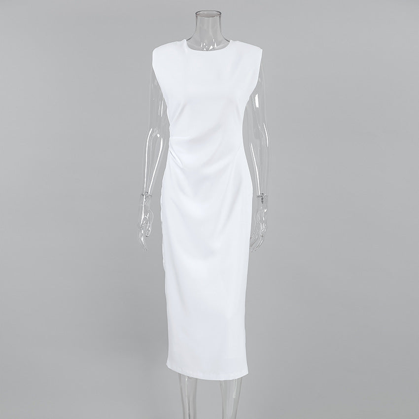 2025 classic temperament, white round neck slim-fitting sleeveless commuter split-ended dress, spring and summer fashion women's long dress