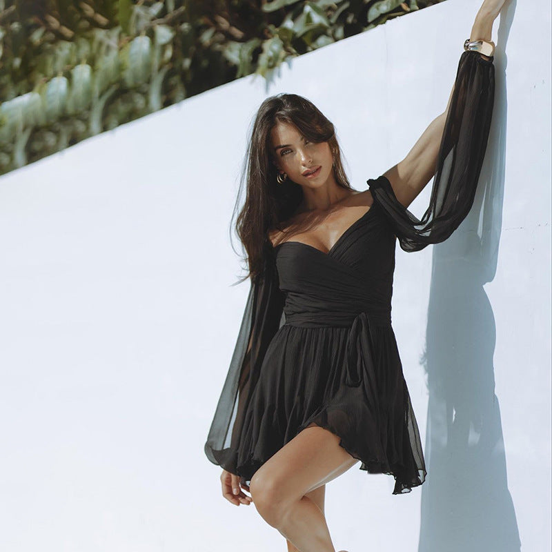 2025 D24DS067 2025 women's clothing summer new solid color casual mesh long-sleeved straps backless slim short dress