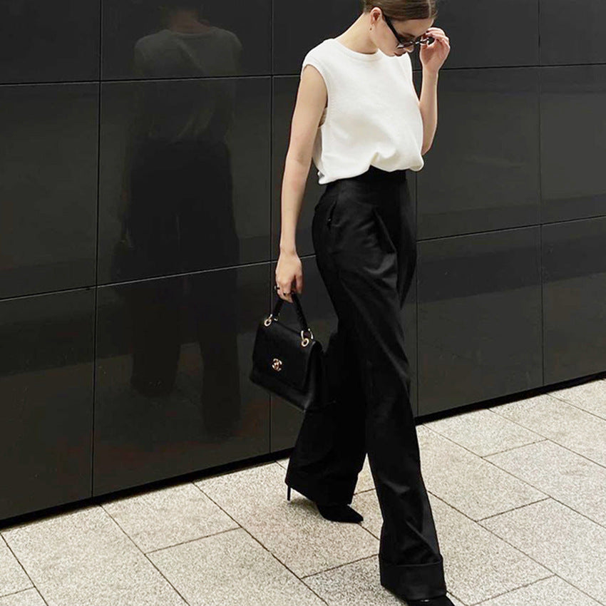 2025 new black floor-mopping trousers loose high-waisted pants women's wide-leg trousers commuter suit trousers autumn and winter