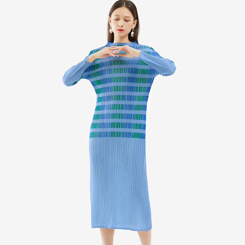 2025 spring new clothing pleated temperament slim half turtleneck dress long sleeve straight slim medium and long dress women