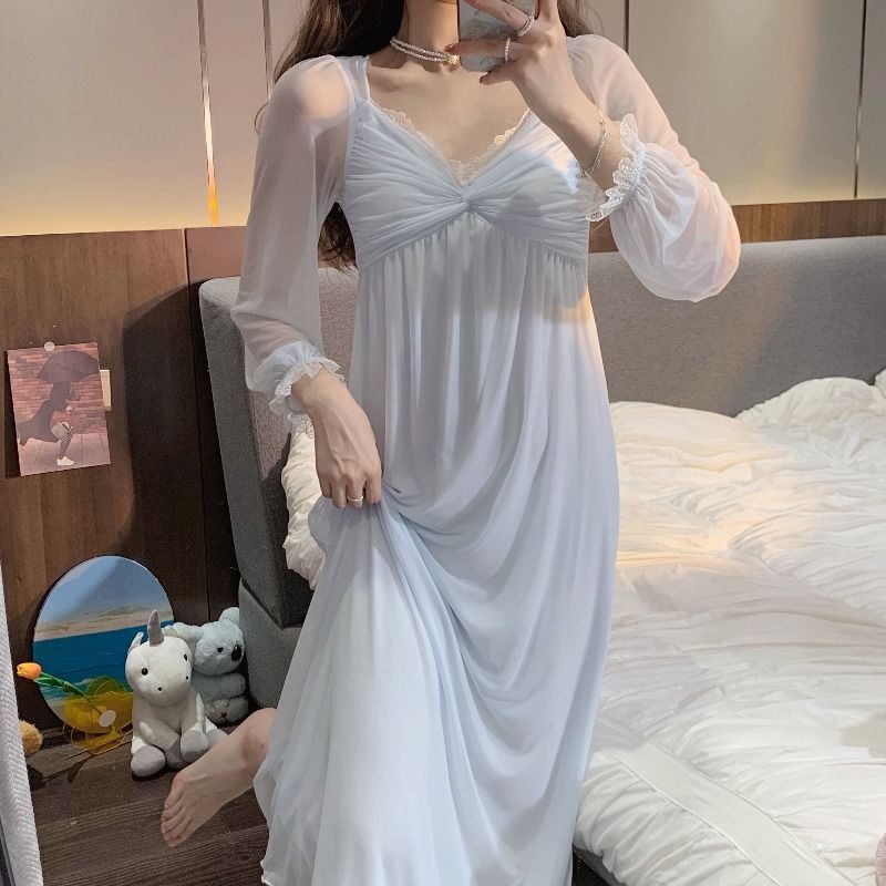 2025 Lace mesh princess style nightdress women's spring new sweet long loungewear pajama skirt with chest pad