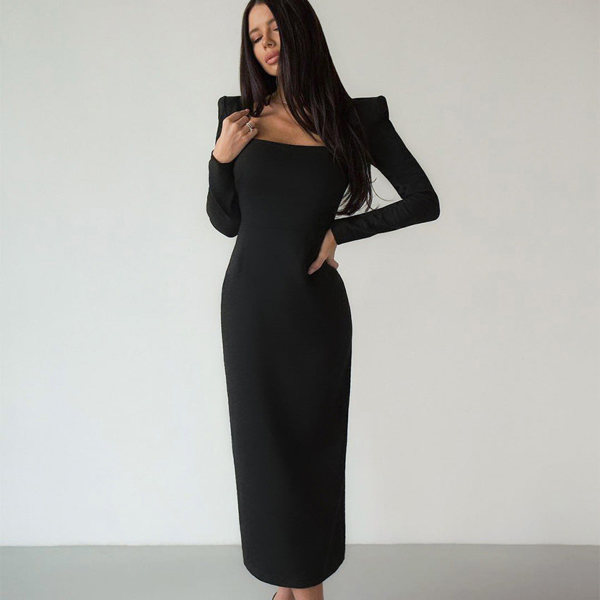 2025 popular Spring Clothing Women's Clothing Long Skirt Square Neck Temperament Small Black Dress Slim Fit Hip Wrap Design Sense Dress Women