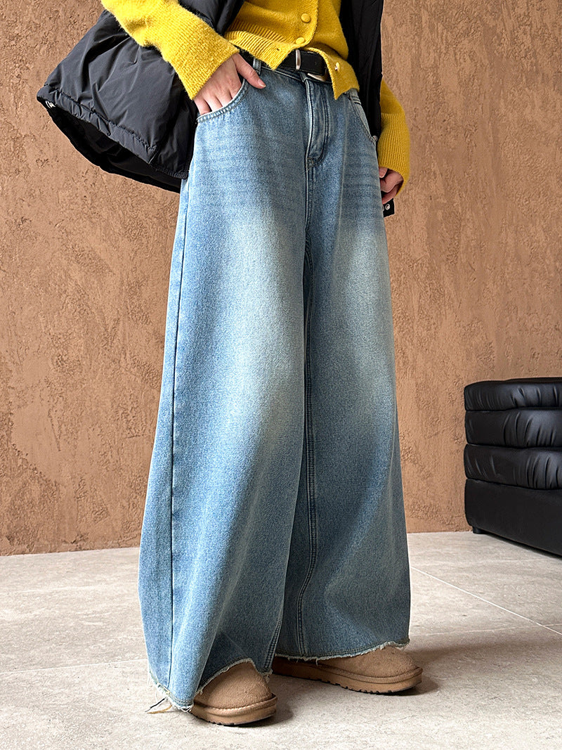 2025 popular autumn and winter new Korean version retro high waist and thin loose velvet jeans 9251-2