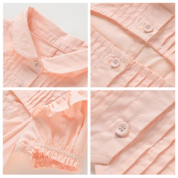Summer new doll collar short-sleeved hollow shirt top gray bow pleated skirt set L4107