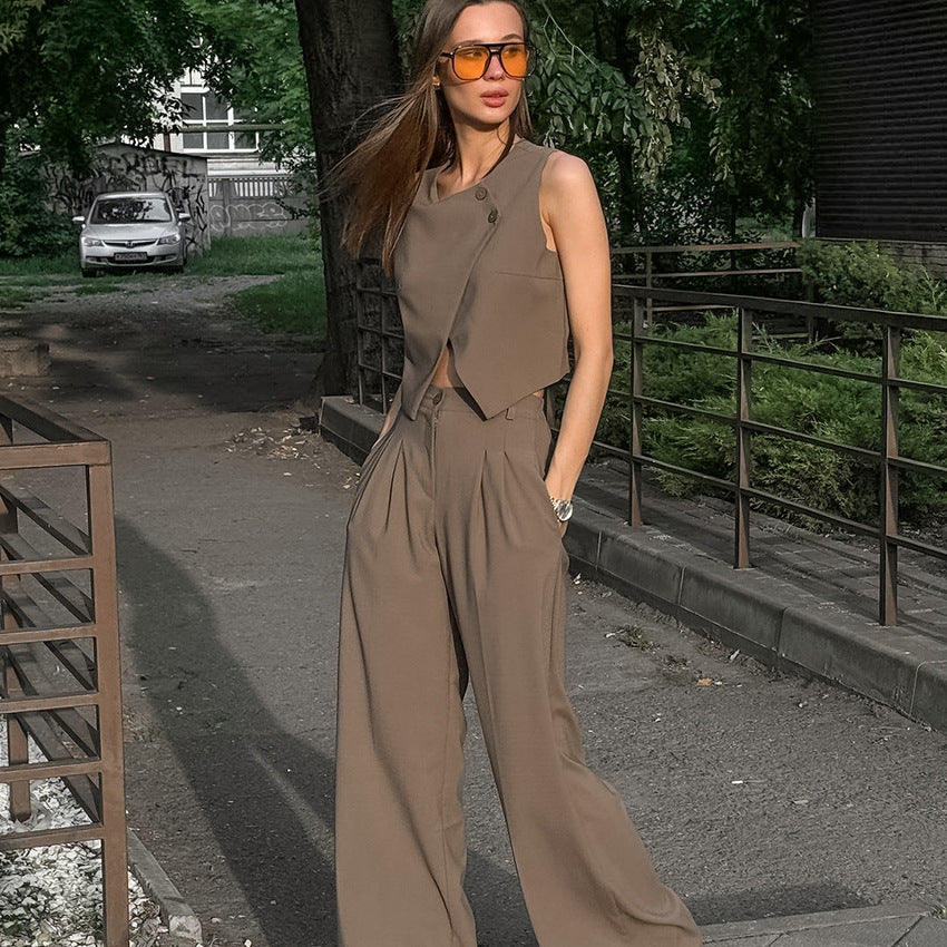 2025 casual khaki fashion temperament sleeveless vest trousers set spring and summer versatile high waist two-piece set women
