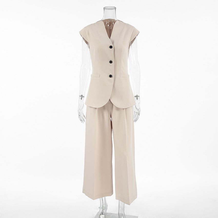 2025 Spring and summer retro temperament khaki V-neck sleeveless suit high waist vest trousers fashion casual suit women's clothing