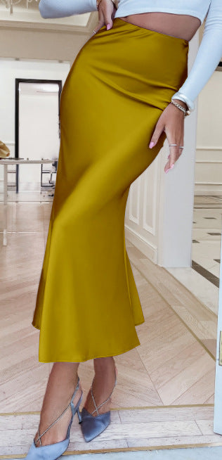2025 autumn new high-waisted skirt silky drape medium and long skirt summer fishtail skirt ice silk purple