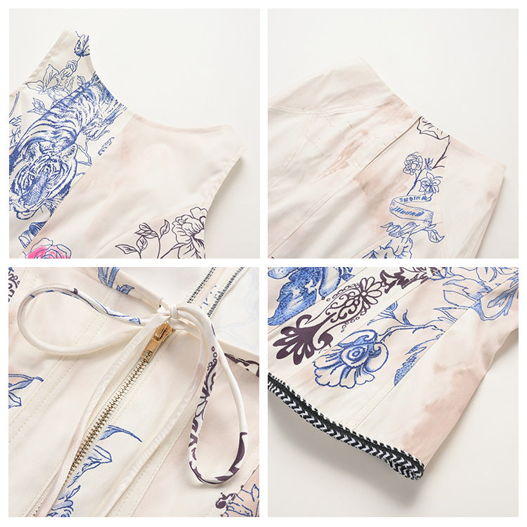 Summer new temperament printed suspender set high waist hip fish tail skirt skirt two-piece set L5150